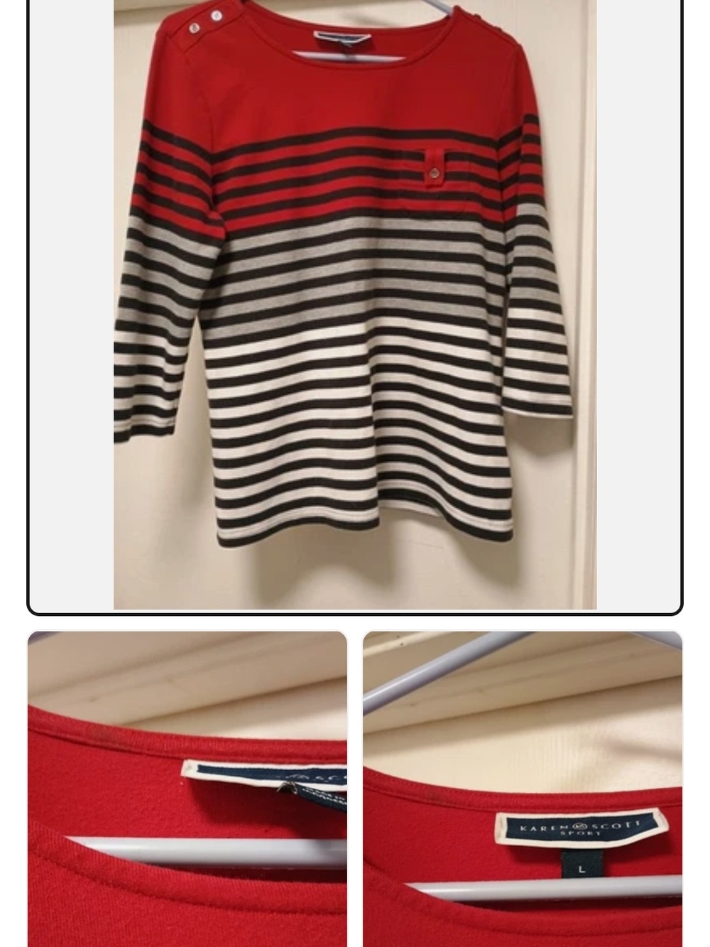 Karen Scott Red, Black & White Striped Boatneck Knit Top Large